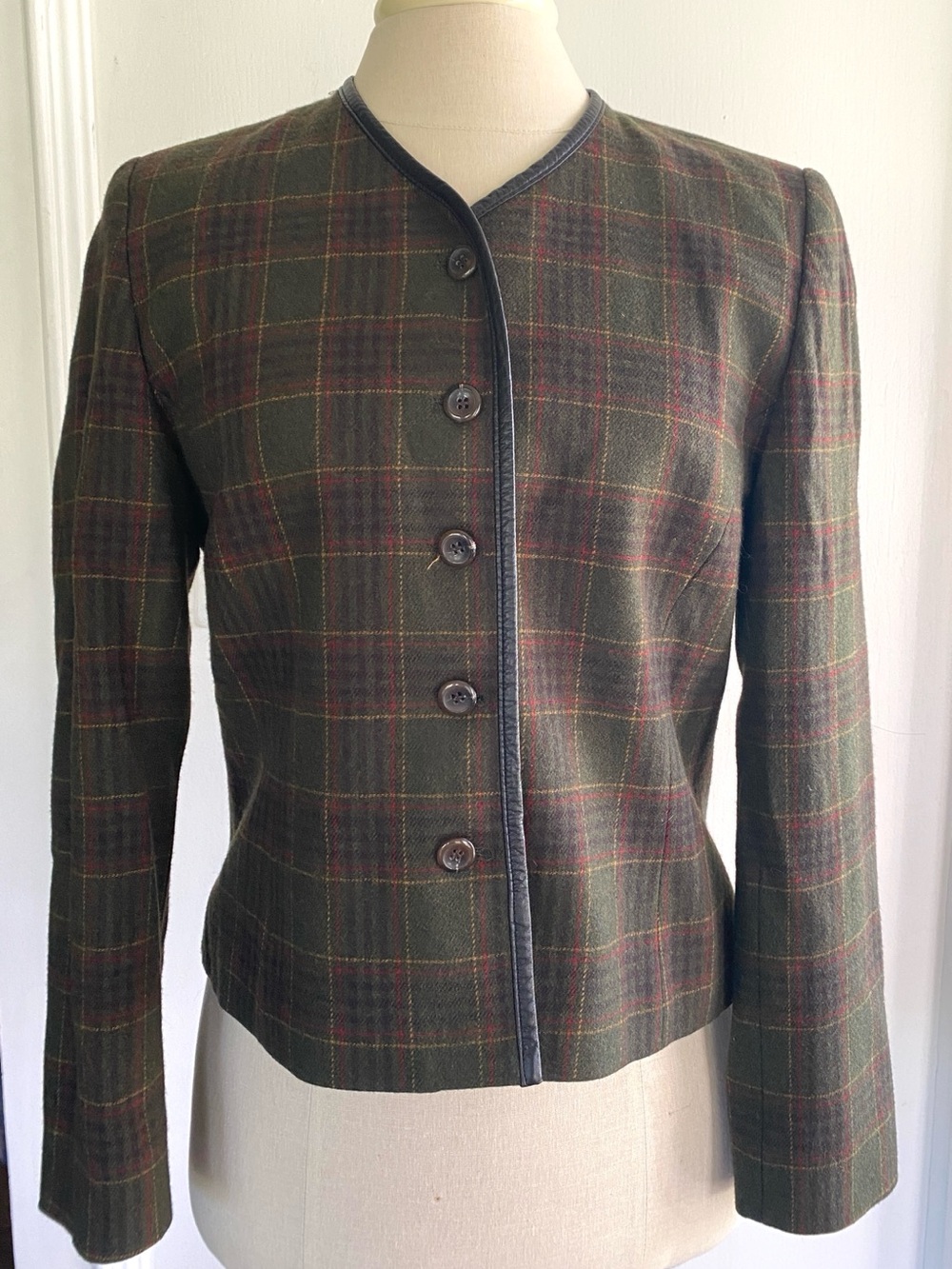 Pendleton Olive Green Plaid Leather-Trim Blazer